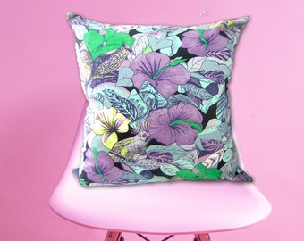 Tropical & Bird Print Cushion cover 17 x 17 inches Purples, Blues, Parakeet, bird print home decor,Parrot,Hibiscus Floral, Tropical Plants