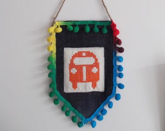 Camper Van Wall Hanging Decor, Unusual cross stich Pom Pom trimming Fun camping decor.