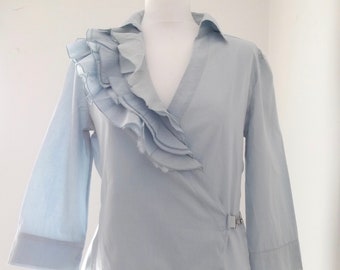 Womens Baby Blue Vintage Wrap Top, Sportmax. Frill Detail,Cotton & Silk, Size 8UK, 6US,36EU