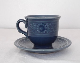 Vintage Pottery Tea Cup and Saucer, Dark Blue , Floral embossed pattern