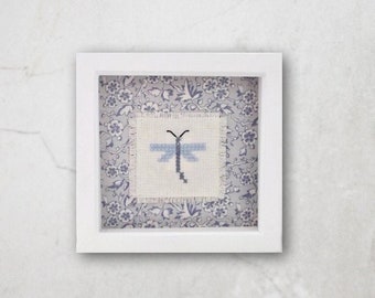 Blue Cross Stitched Dragonfly Framed Picture, Hand sewn, vintage blue floral fabric, Nursery wall art, White or Untreated Wood Frames