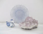 Vintage Pale Blue Frosted Glass Rose Floral design Frill Edge Decorative Plate, cupcake plate, glass bowl plate, blue roses, vintage glass