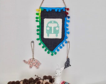 Fun camping decor. Camper Van Wall Hanging Decor, Unusual cross stich Pom Pom trimming .