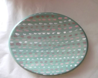 Sage Green Patterned oval trinket / pin / soap dish, clay, hand painted dash style pattern,