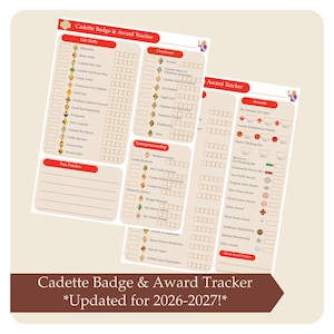May include: Three beige Cadette Badge & Award Tracker sheets with red accents and text. The sheets include sections for Life Skills, Outdoors, Entrepreneurship, and Awards. Text at the bottom reads "Cadette Badge & Award Tracker *Updated for 2026-2027!*"