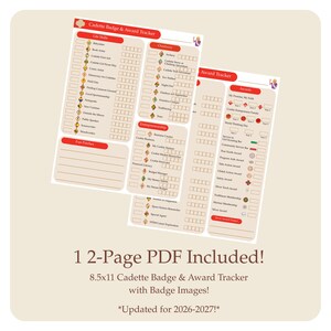 May include: Two printable 8.5x11 inch Cadette Badge & Award Trackers with badge images. The trackers include sections for Life Skills, Outdoors, Entrepreneurship, and Awards. The text reads "1 2-Page PDF Included!" and "Updated for 2026-2027!"