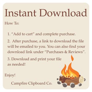 May include: A beige square graphic with the words "Instant Download" in a dark brown font. Instructions on how to download a file are listed below the title. A cartoon campfire illustration is in the bottom right corner.