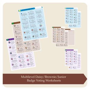 Op de afbeelding: Een verzameling van meerlaagse Daisy, Brownie en Junior badge stemformulieren met diverse activiteitenlijsten en selectievakjes voor Ja, Misschien en Nee, gedrukt op lichtblauw, beige en paars papier met kleurrijke badge-iconen.