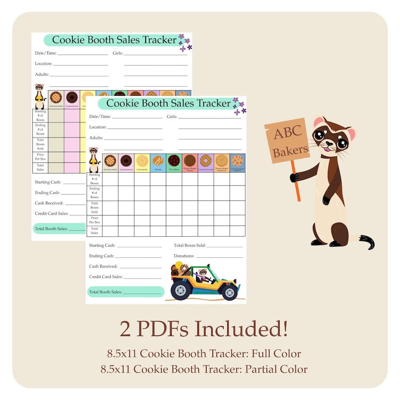 Pode incluir: Dois PDFs imprim&iacute;veis de 21,6 x 27,9 cm do Cookie Booth Sales Tracker. O rastreador em cores e o rastreador em cores parciais est&atilde;o inclu&iacute;dos. O rastreador inclui se&ccedil;&otilde;es para data, local e rastreamento de vendas. Um fur&atilde;o de desenho animado segura uma placa que diz "ABC Bakers".