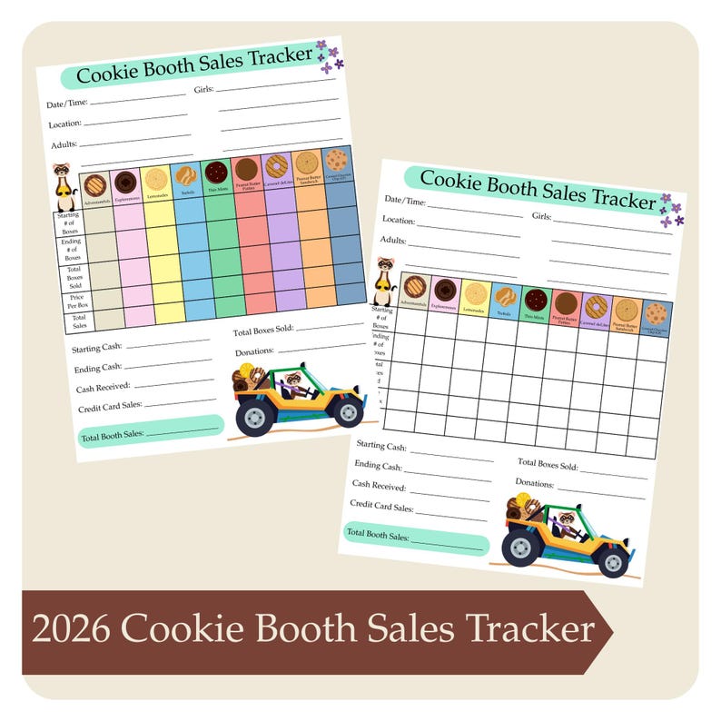 Pode incluir: Duas folhas de "Cookie Booth Sales Tracker" com grades coloridas para rastrear as vendas. Cada folha inclui se&ccedil;&otilde;es para data, local e detalhes em dinheiro. Um gr&aacute;fico de buggy de desenho animado &eacute; apresentado na parte inferior. O texto "2026 Cookie Booth Sales Tracker" est&aacute; na parte inferior.