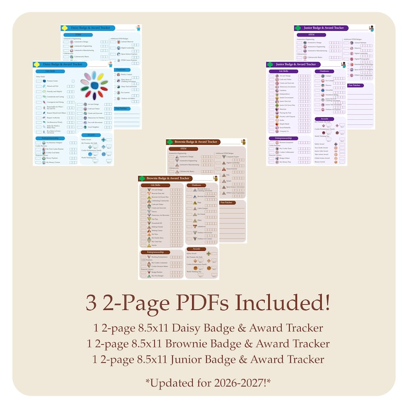 Listas de verificación para el seguimiento de insignias de Daisy, Brownie y Junior 2026-2027: Imprimible para Girl Scouts (Descarga instantánea) *¡Actualizado para 2026-2027!* Multinivel imagen 2