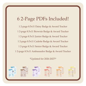 May include: A tan-colored graphic with a brown border displays the text "6 2-Page PDFs Included!" followed by a list of badge and award trackers for various levels. The text "Updated for 2026-2027!" is also included. Several small images of the trackers are at the bottom.