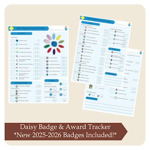 Puede incluir: Tres hojas blancas y azules de seguimiento de insignias y premios Daisy. Las hojas incluyen secciones para Habilidades para la vida, Emprendimiento, Arte y dise&ntilde;o, Premios, STEM y Parches divertidos. La parte inferior de la imagen tiene el texto "Daisy Badge & Award Tracker *New 2025-2026 Badges Included!*"