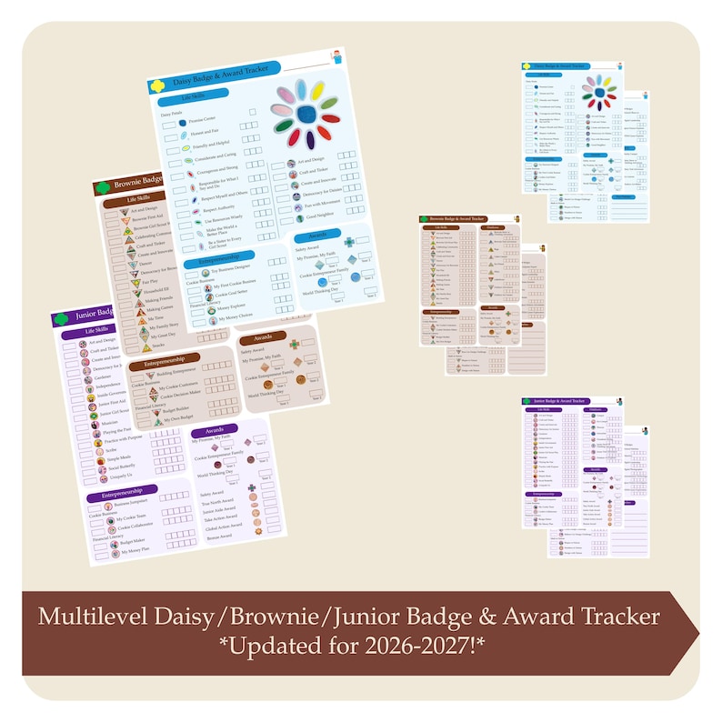 Listas de verificación para el seguimiento de insignias de Daisy, Brownie y Junior 2026-2027: Imprimible para Girl Scouts (Descarga instantánea) *¡Actualizado para 2026-2027!* Multinivel imagen 1