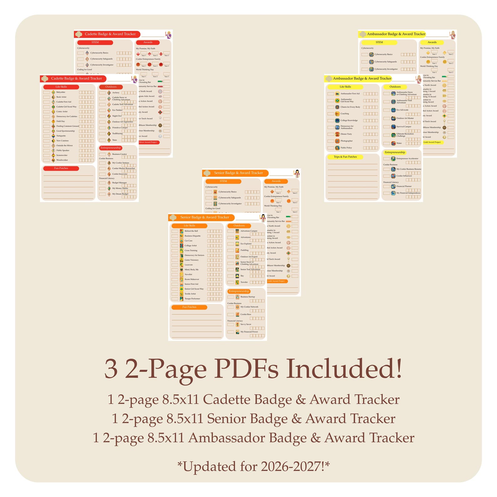Multi Level Checklist 2026-2027 Cadette, Senior, Ambassador Badge Tracker Checklist: Girl ...