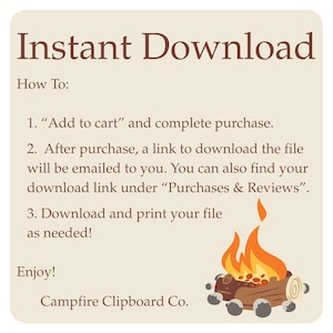 Pode incluir: Gr&aacute;fico quadrado bege com as palavras "Download Instant&acirc;neo" em castanho. As instru&ccedil;&otilde;es est&atilde;o listadas abaixo, incluindo como baixar o arquivo ap&oacute;s a compra. Uma ilustra&ccedil;&atilde;o de fogueira est&aacute; no canto inferior direito. O texto "Campfire Clipboard Co." est&aacute; na parte inferior.