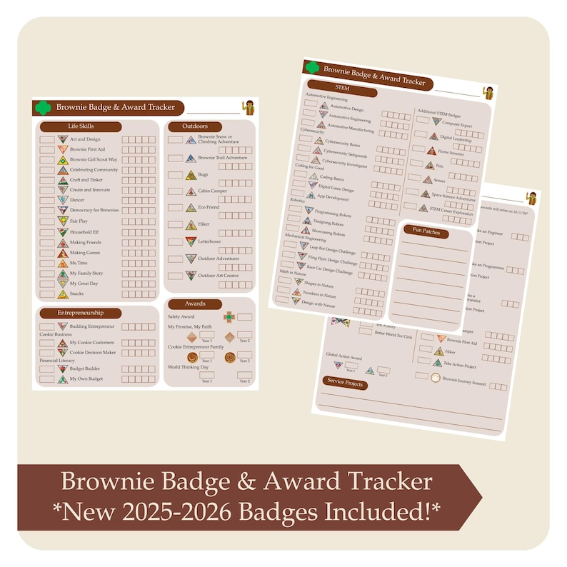 Puede incluir: Hojas de seguimiento de insignias y premios de Brownie con varias categor&iacute;as de actividades como Habilidades para la vida, Actividades al aire libre y STEM. Las hojas incluyen espacios para realizar un seguimiento de los logros y premios. El texto en la parte inferior dice "Brownie Badge & Award Tracker *New 2025-2026 Badges Included!*"