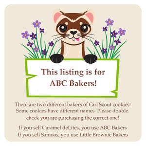 Pode incluir: Gr&aacute;fico quadrado com um fur&atilde;o de desenho animado segurando uma placa que diz "This listing is for ABC Bakers!". A placa &eacute; emoldurada por flores verdes e roxas. O texto explica a diferen&ccedil;a entre ABC Bakers e Little Brownie Bakers.