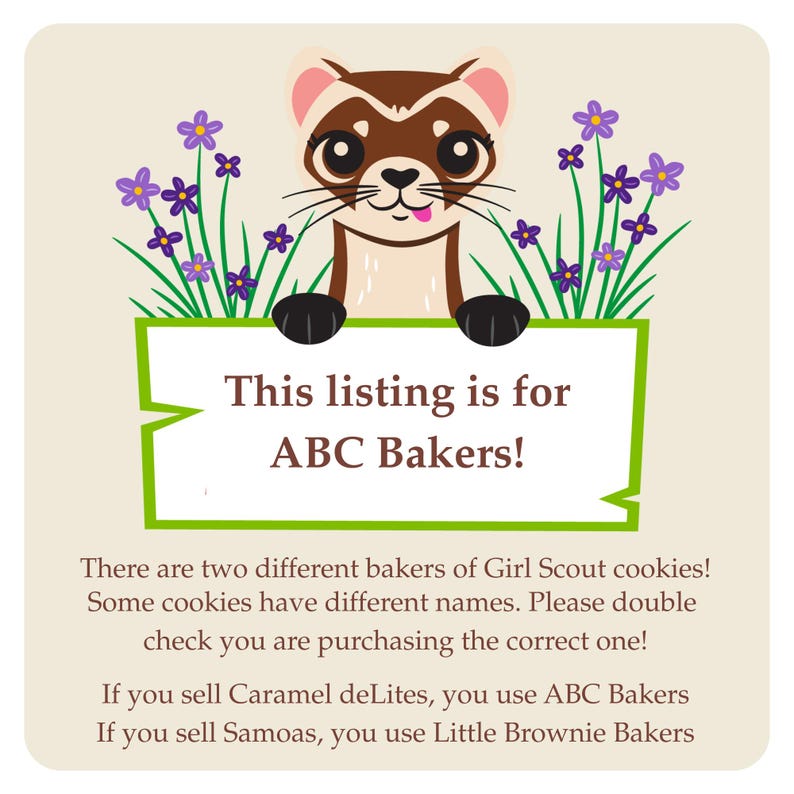 Pode incluir: Gr&aacute;fico quadrado com um fur&atilde;o de desenho animado segurando uma placa que diz "This listing is for ABC Bakers!". A placa &eacute; emoldurada por flores verdes e roxas. O texto explica a diferen&ccedil;a entre ABC Bakers e Little Brownie Bakers.