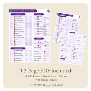 May include: A 3-page PDF Junior Badge & Award Tracker with badge images. The tracker is 8.5x11 inches and includes sections for Life Skills, Outdoors, Awards, and Entrepreneurship. Text reads: "NEW 2025 Badges Included!"