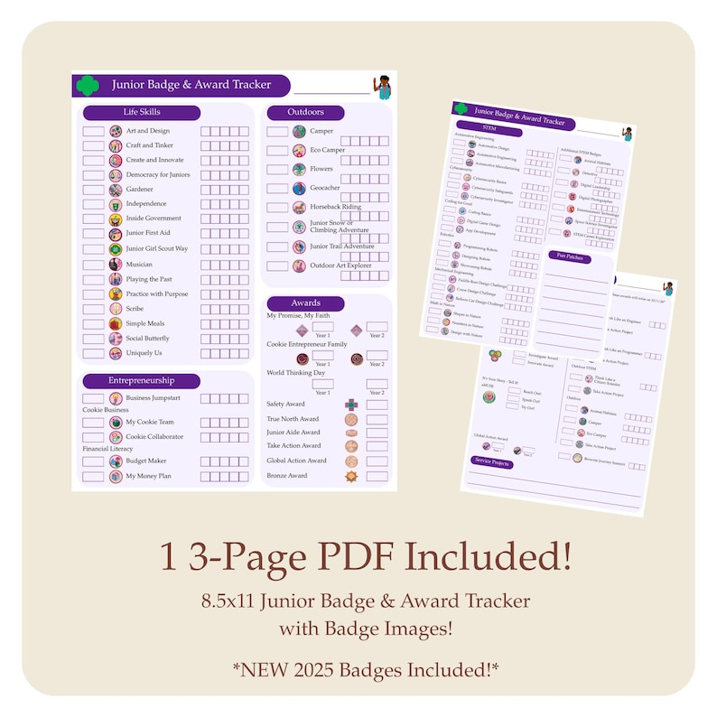 May include: A 3-page PDF Junior Badge & Award Tracker with badge images. The tracker is 8.5x11 inches and includes sections for Life Skills, Outdoors, Awards, and Entrepreneurship. Text reads: "NEW 2025 Badges Included!"