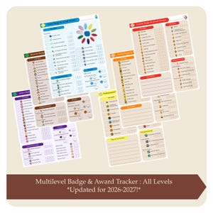 May include: A collection of colorful badge and award trackers for various levels, including Daisy, Brownie, Junior, Cadette, Senior, and Ambassador. The trackers feature checklists and spaces for notes, with a floral design and the text "Multilevel Badge & Award Tracker: All Levels *Updated for 2026-2027!*"