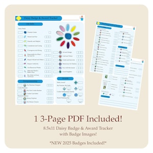 Puede incluir: Un rastreador imprimible de insignias y premios Daisy en azul y blanco, con un gr&aacute;fico de flores de colores y secciones para el seguimiento de logros. La imagen incluye tres p&aacute;ginas, con el texto "&iexcl;1 PDF de 3 p&aacute;ginas incluido!" y "Rastreador de insignias y premios Daisy 8.5x11".