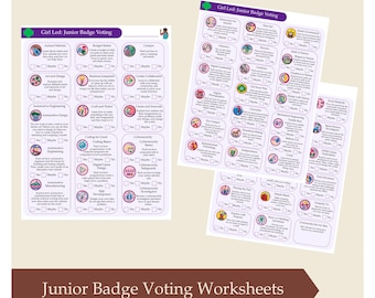 May include: Two white worksheets with purple headers, titled "Girl Led: Junior Badge Voting." Each worksheet features a grid of activity options with checkboxes for "Yes," "Maybe," and "No." The bottom of the image reads "Junior Badge Voting Worksheets."