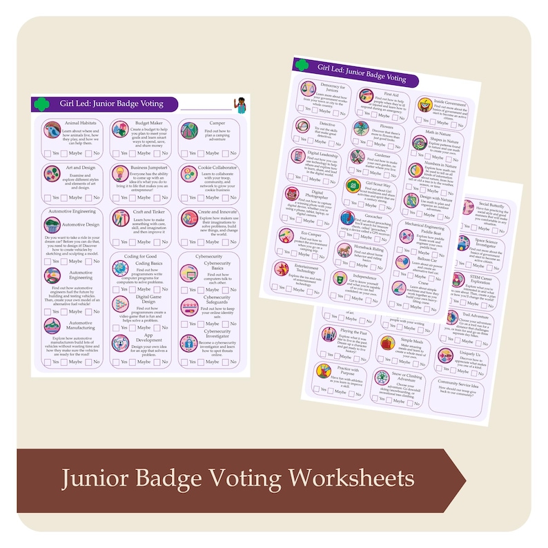 May include: Two white worksheets with purple headers, titled "Girl Led: Junior Badge Voting." Each worksheet features a grid of activity options with checkboxes for "Yes," "Maybe," and "No." The bottom of the image reads "Junior Badge Voting Worksheets."