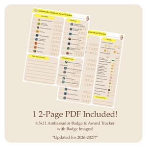 May include: Two white 8.5x11 inch PDF pages with an Ambassador Badge & Award Tracker. The pages include sections for Life Skills, Outdoors, Entrepreneurship, Awards, and Trips & Fun Patches. Text reads "Updated for 2026-2027!"