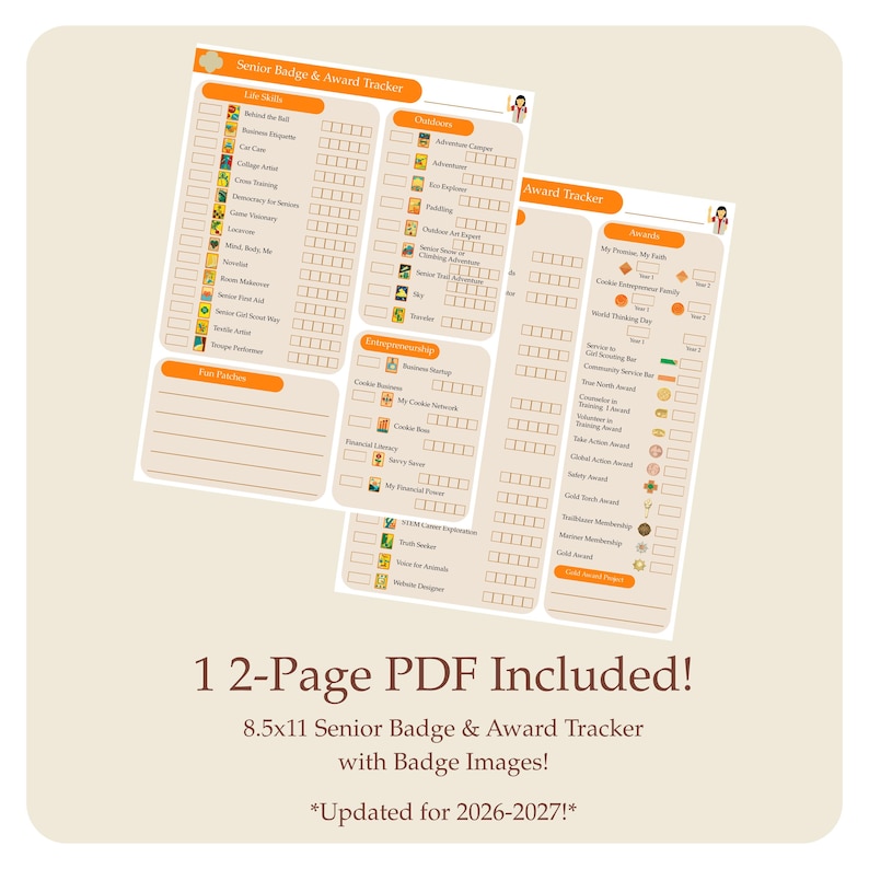 May include: Two printable 8.5x11 inch Senior Badge & Award Trackers with badge images. The trackers include sections for Life Skills, Outdoors, Entrepreneurship, and Awards. Text on the image reads "1 2-Page PDF Included!" and "Updated for 2026-2027!*"