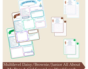 May include: A collection of printable activity sheets for Girl Scouts. The image includes "All About Me" pages with fill-in sections and word search puzzles based on the Girl Scout Law. The color scheme is pastel with a brown banner at the bottom.