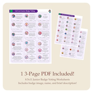 May include: A set of 8.5x11 inch Junior Badge Voting worksheets. The worksheets feature a purple and white design with various activity options, including Animal Habitats, Art and Design, and Automotive Engineering. The text "Girl Led: Junior Badge Voting" is at the top.