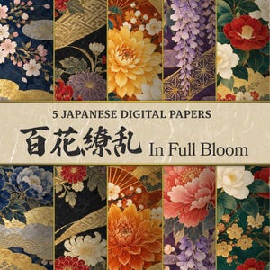 Hyakka Ryoran (In Full Bloom) Japanese Floral Digital Paper Pack, 5 Designs, 3600px JPG, 300 DPI, Commercial Use