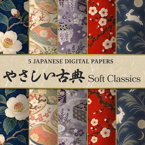 May include: A collection of five digital papers featuring Japanese-inspired patterns including white camellias on navy, floral fans, purple incense burners, red plum blossoms, and white rabbits with moons. Text reads 5 JAPANESE DIGITAL PAPERS.