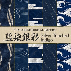 Könnte beinhalten: Eine Sammlung von fünf digitalen Papieren mit tiefblauen Indigo-Hintergründen und silbernen Metallic-Akzenten. Die Muster zeigen fließende Wellen, konzentrische Wasserringe, stilisierte Wolken und Regenstriche. Text: 5 JAPANESE DIGITAL PAPERS.