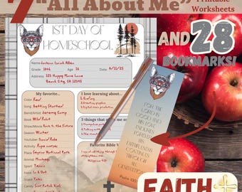 All About Me Worksheet pdf Bundle: CHRISTIAN HOMESCHOOL - 1st Day Back to School Printable Activity with Bible verse BOOKMARKS (U.S. & A4)