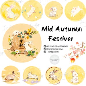 Puede incluir: Ilustraciones digitales con conejos y el texto "Mid Autumn Festival". Las imágenes incluyen conejos en varias poses, flores y un barril de madera con caracteres chinos, todo sobre un fondo amarillo.