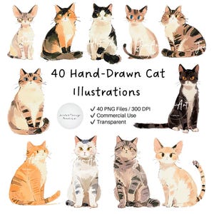 Hand-Drawn Cat Clipart – 40 Digital Clipart Bundle, Cute Cat, Transparent, Cat Lover Graphics - Commercial Use