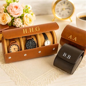 Personalized Leather Watch Case,Custom Name Watch Case,Monogram Watch Box,Travel Watch Roll,Watch Roll for 3 Watches,Groom Gift,Gift for Him