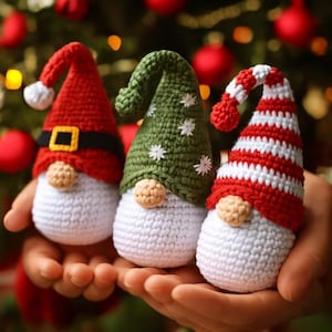 Christmas Gnomes Crochet Pattern, Festive Holiday Gnomes With Santa, Elf And Stripes, DIY Amigurumi Gnomes Tutorial, Digital Holiday PDF