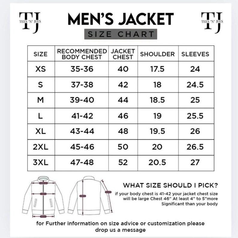 May include: A size chart for men's jackets, with measurements in inches. The chart includes sizes XS to 3XL, listing recommended body chest, jacket chest, shoulder, and sleeve measurements. Includes text: "What size should I pick?" and "for Further information..."