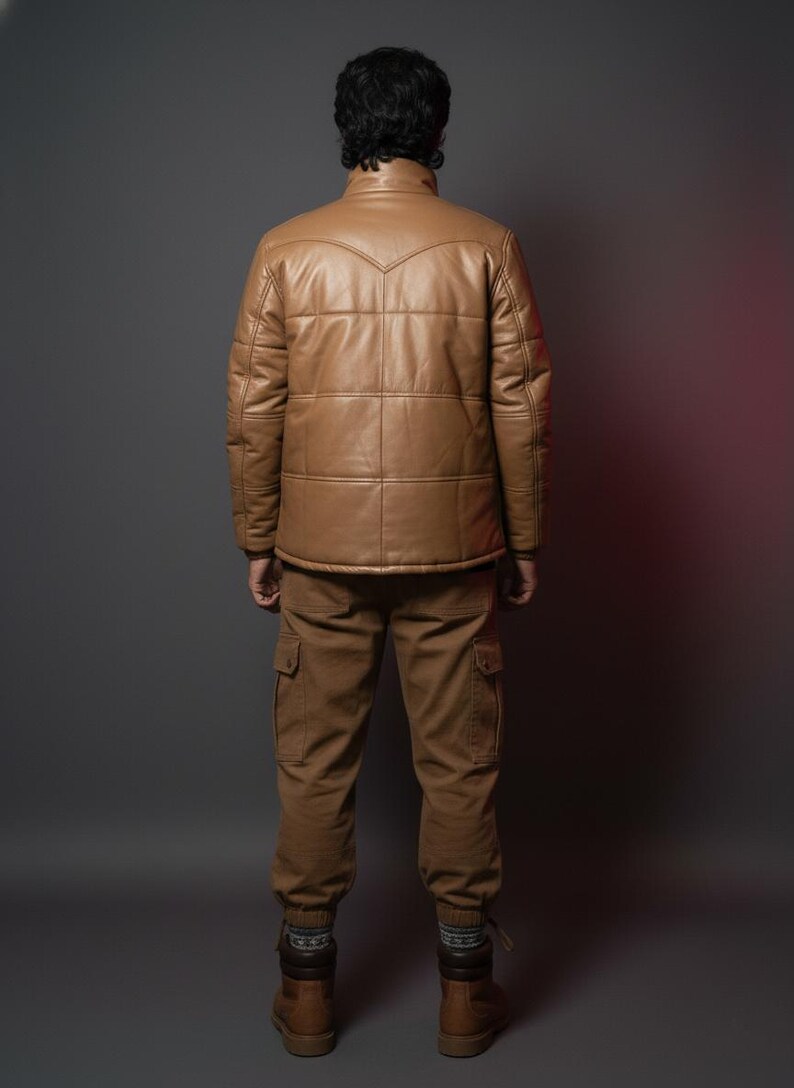 K&ouml;nnte beinhalten: Eine Person tr&auml;gt eine hellbraune Lederjacke und eine passende Cargohose. Die Jacke hat ein gestepptes Design und einen Stehkragen. Die Hose hat mehrere Taschen. Die Person tr&auml;gt auch braune Stiefel.