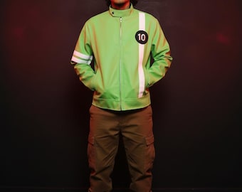 Green & White Racing Jacket - Hero Cosplay Biker Coat - Handmade Vegan Leather Bomber - Retro Athletic Streetwear