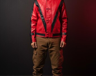 Thriller Inspired Red Faux Leather Jacket 80s Biker Bomber Coat Unisex Halloween Cosplay Streetwear