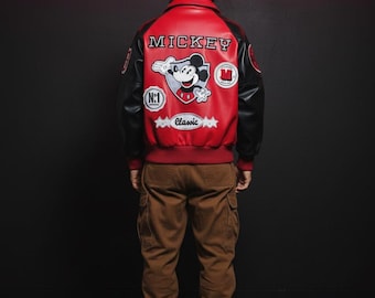 Retro Red & Black Varsity Jacket - Handmade Leather Bomber - Cartoon Inspired Streetwear - Unisex Letterman Coat