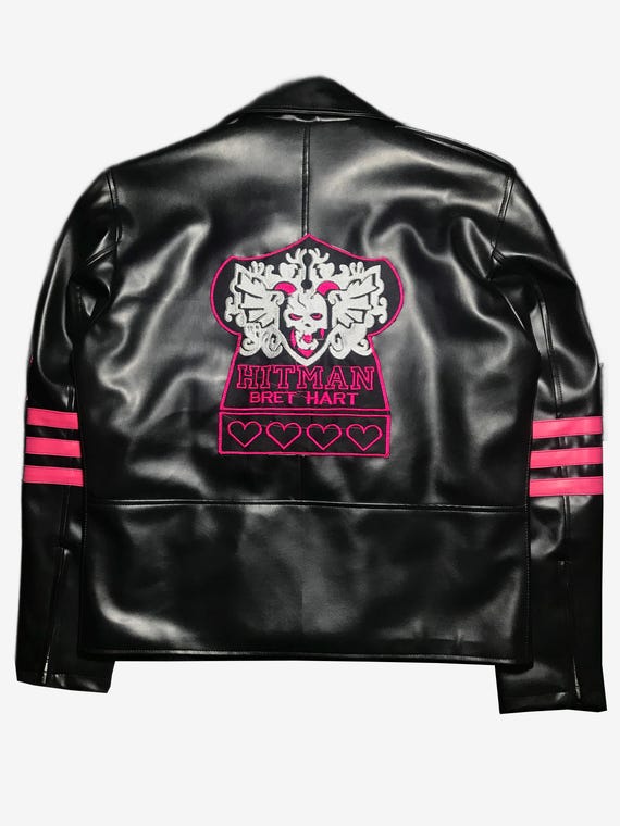 Pink & Black Biker Jacket - 90s Wrestling Legend Style - Handmade Vegan Leather Moto - Retro Pink Stripe Coat