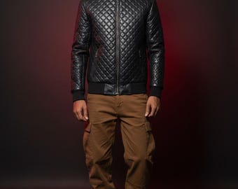 Men's Quilted Leather Bomber Jacket - Genuine Sheep Leather Black Coat w/ Zip Pockets, Ribbed Cuffs & Aviator Style