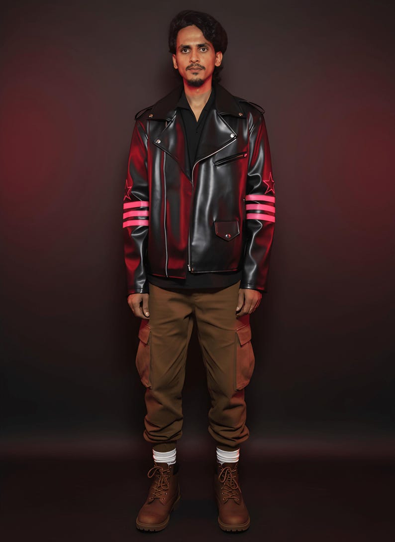 May include: A black leather jacket with pink star and stripe accents on the sleeves. The jacket is paired with brown cargo pants and brown boots. The person is wearing a black shirt.
