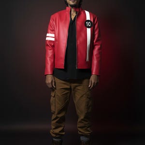 Pode incluir: Casaco de couro vermelho com listras brancas na manga esquerda e uma faixa branca no lado direito. O casaco tem um círculo preto com o número 10 no peito direito. A pessoa está vestindo uma camisa preta, calças cargo marrons e botas marrons.